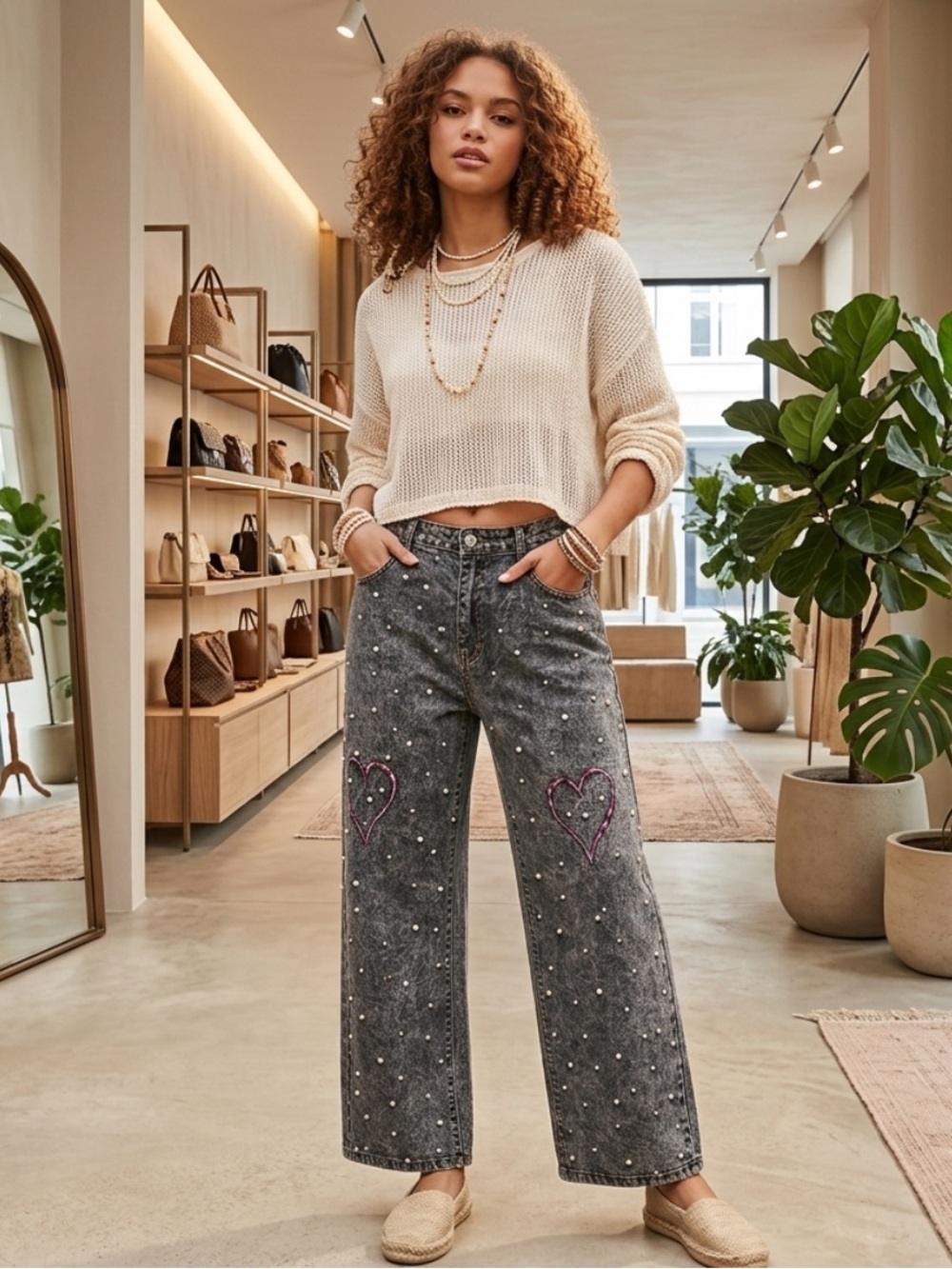 💕NEW! Pearl-Embellished Washed Black Jeans with Heart Detail